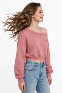 Sudadera corta de hombros caídos para mujer, rosa empolvado, con cuello asimétrico, manga larga, estilo casual, lavado, para invierno, top corto frontal - Product Image 6
