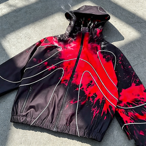 Blouson Bomber Homme en PU à Capuche Imprimé Éclaboussures Rose et Noir Imperméable Streetwear Fermeture Éclair Coupe Droite Vêtement d'Automne - Product Image 2