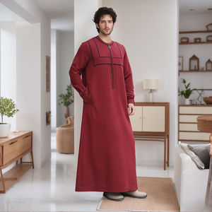 <b>Men</b> Black Polyester <b>Thobe</b> Long Sleeve Ankle Length Sweetheart Neckline Embroidered Breathable Casual Daily Wear Ramadan Prayer - Product Image 2