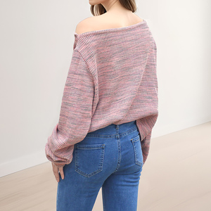 Haut en tricot pour femme à col Peter Pan, épaules dénudées, manches longues, design asymétrique, décontracté, automne, couleur unie, coton, fibre de bambou - Product Image 2