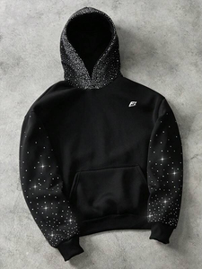 Heavyweight Rhinestone Hoodies Cotton Fleece Oversized <b>Pullover</b> <b>Men</b> Hoodies Streetwear Sparkle Detail Private Label Supply - Product Image 2