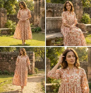 Robe maxi bohème pour femmes, imprimé floral orange, manches courtes, col en V, ample, décontractée, robe d'été pour la plage et les vacances - Product Image 4