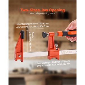 Set di 2 Morsetti a F Bloccabili, Capacità di Carico 600 Libbre, Profondità 2-1/2 Pollici, in Ghisa per Falegnameria, Morsetti a Barra da 6 e 12 Pollici - Product Image 3