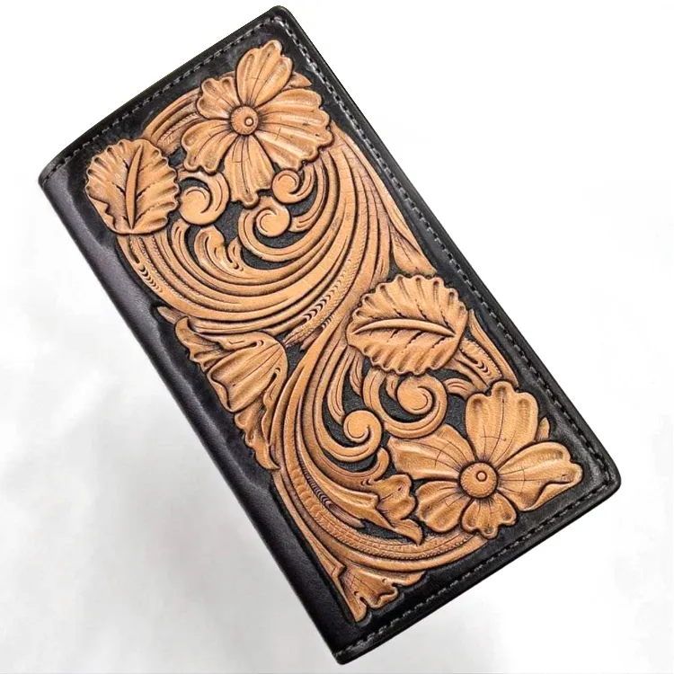 Hand Carved Leather Western long wallet Hand sew Cowboy roper wallet handmade custom tooled leather roper wallet