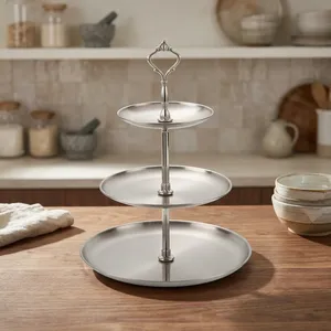 Support à dessert à 3 étages en acier inoxydable avec poignée, support à gâteau en métal argenté pour cupcakes, pâtisseries, desserts, thé de l'après-midi, buffet - Product Image 5