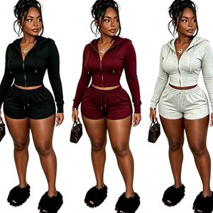 New Fall Casual Stretch Solid Color Two Piece Shorts Set <b>Women</b> Crop <b>Jacket</b> Sweatshirt and Tight High Waist Hot Short Tracksuits - Product Image 1