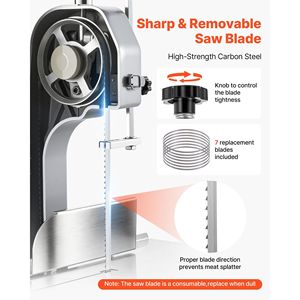 Sega a Nastro Elettrica Commerciale da 1100W per Carne, Banco da Lavoro 31,5 cm x 46 cm, Spessore di Taglio 0-11 cm, 7 Lame Extra per Lavorazione Ossa e Carne - Product Image 6