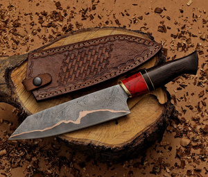 Couteau utilitaire en acier Damas inoxydable, manche en bois, étui en cuir, haute durabilité, qualité industrielle, lame fixe pour l'extérieur - Product Image 1