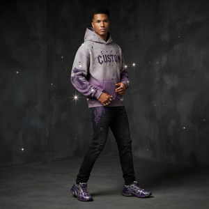 Custom Y2K Rhinestone Hoodie Men Heavyweight Cotton Vintage Ombre Wash Cross Graphic Purple Oversized <b>Punk</b> Streetwear Pullover - Product Image 3