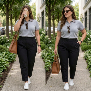 Polo gris pour femme avec col et poignets à carreaux, manches courtes, tricoté, 100% coton, coupe classique, fabriqué au Bangladesh - Product Image 4