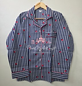 Conjunto de Pijama de Verano para Mujer, Azul Marino y Blanco con Rayas Verticales, de Algodón, Transpirable, de Secado Rápido, Elegante, Camisa de Manga Larga con Botones - Product Image 2