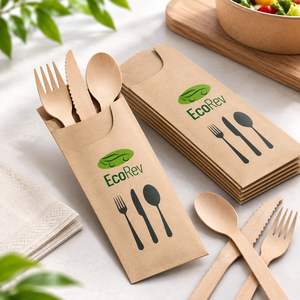 EcoRev Custom Luxury Kraft <b>Paper</b> <b>Biodegradable</b> Eco-Friendly Cutlery Bags Twisted Handles Self-Adhesive Seal Bottom Gusset Offset - Product Image 2