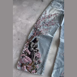 Pantalon en jean taille haute à jambe large avec broderie florale, style vintage délavé, coupe ample en coton, collection printemps - Product Image 3