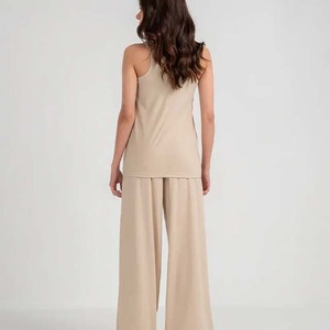 Women's Beige O-Neck Knitted Tank <b>Top</b> Solid Color Breathable Cotton Sleeveless <b>Top</b> Regular Length - Product Image 2