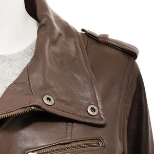 Women's Brown Genuine Leather Moto Jacket Full Sleeve <b>Stand</b> Collar Zipper Closure Long Length Windproof Autumn Wear - Product Image 4