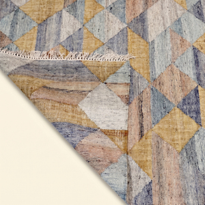 DECORDEC Tapis en laine fait main géométrique bleu moutarde Prisme Doré, motif triangulaire abstrait en mosaïque, écologique, antidérapant, rectangulaire - Product Image 6