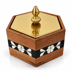 <b>Wooden</b> Chocolate <b>Box</b> <b>with</b> Gold Textured <b>Lid</b> & Ring Knob for Events Weddings & Premium Gifting Custom Sizes & Colors Available - Product Image 5