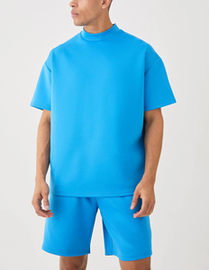 Men's Blue Turn-Down <b>Collar</b> <b>T</b>-<b>Shirt</b> Shorts Set Solid Color Breathable Lightweight Casual Summer Wear Loose Fit - Product Image 3