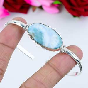 Larimar Gemstone Bangle Natural Stone 925 Sterling <b>Silver</b> Jewelry Handmade Statement Cuff Christmas Gift - Product Image 6