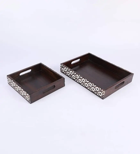 Handcrafted Wooden Serving <b>Tray</b> with Bone Inlay Border Design Decorative Coffee <b>Breakfast</b> <b>Tray</b> with Cutout Handles - Product Image 5