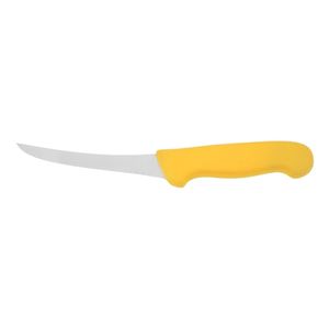 Cuchillos deshuesadores de carne con mango amarillo, hoja plateada delgada y puntiaguda, mango contorneado y protector de dedos para la preparación de aves de corral - Product Image 1