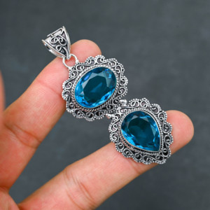 <b>Top</b> Quality Sparkling LAB-CREATED Glamorous Hot Selling Blue Topaz Solid 925 Sterling <b>Silver</b> Plated Designer 2.20" Pendant Women - Product Image 2
