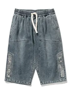 Summer <b>Men's</b> Vintage Knitted <b>Jeans</b> Denim Breeches Calf-Length Casual Shorts Acid Wash Pattern Quick Dry Cotton <b>Drawstring</b> - Product Image 2