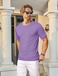 T-shirt pour homme à manches courtes, coupe ajustée, col rond, en coton pur, avec poche poitrine, tricoté, couleur unie, décontracté - Product Image 4