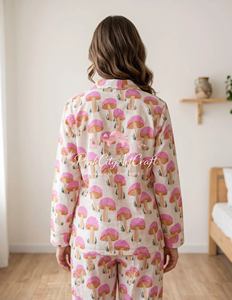 Pink Mushroom Print Cotton Pajama Set for Women Soft Breathable Flock Print Summer Sleepwear Long Sleeve Button-Down <b>PJs</b> - Product Image 3