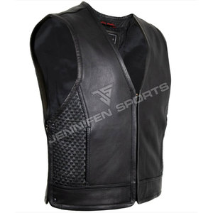 Gilet de club en cuir MC pour homme, noir, en cuir de vachette, style motard, avec poches discrètes et ourlet tressé - Product Image 2