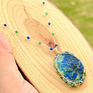 Handcrafted Macrame Azurite Malachite Necklace Blue Green Stone Pendant <b>Beaded</b> Boho Jewelry for Women - Product Image 3