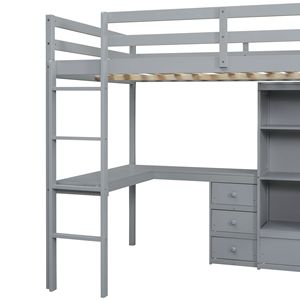 Cama Alta de Madera con Escritorio y Cajones de Almacenamiento, Escalera Integrada, Cama Alta para Niños con Estantes de Almacenamiento en Forma de D - Product Image 1