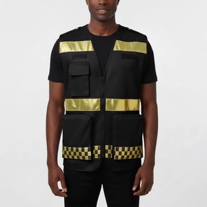 Gilet de travail respirant et réfléchissant pour homme avec poches, fermeture éclair, vêtement d'extérieur décontracté d'été, motif rayé noir et or - Product Image 5