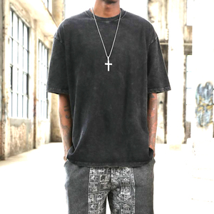 T-shirt en coton noir à manches courtes et col rond pour homme, coupe oversize, couleur unie, style streetwear, jersey tricoté, effet délavé - Product Image 1
