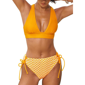 Yellow <b>Bikini</b> <b>Set</b> Deep V Neck Triangle Top Tie Side Bottom Geometric Print Swimwear Beachwear - Product Image 1