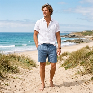 Shorts d'été pour hommes aspect lin respirant avec cordon de serrage, décontractés et légers, vente en gros OEM ODM, marque privée, faible MOQ - Product Image 3