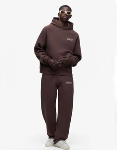 Survêtement oversize d'hiver en maille polyester/coton pour homme, deux pièces, respirant, imprimé, avec sweat à capuche et pantalon décontracté uni - Product Image 1