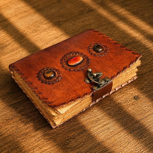 Diario de Cuero Grabado con Piedras Antiguas Hecho a Mano, Cuaderno de Gemas Vintage, Páginas Antiguas, Diario de Viaje y Escritura - Product Image 4
