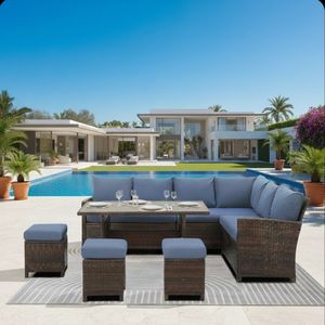 Set da Pranzo in Vimini da Esterno a 7 Pezzi, Divano Sezionale a 9 Posti con Cuscini Blu, Pouf e Tavolo da Pranzo per Portico e Giardino - Product Image 2
