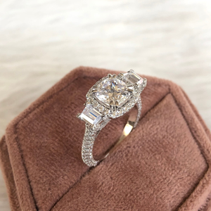 Cushion <b>Cut</b> Moissanite Solitaire Halo Three <b>Stone</b> Ring Side Round Trapezoid <b>Cut</b> Stones White Gold Double Claw Ring Gift Women - Product Image 4