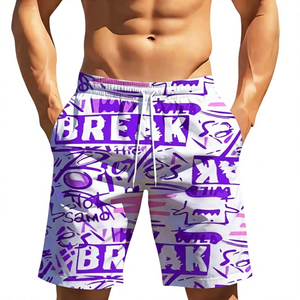 Men's Purple White Letter Print Board Shorts <b>Mid</b> Waist Drawstring Quick Dry Casual Swim Trunks - Product Image 1