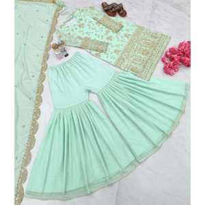 Conjunto de Top y Dupatta de Chifón de Diseñador, Estilo Elegante para Fiesta, Pantalones Plazzo - Product Image 3