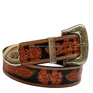 Best Quality hand carved floral and <b>feather</b> embossed Western Leather tooling belt for men and women - Product Image 6