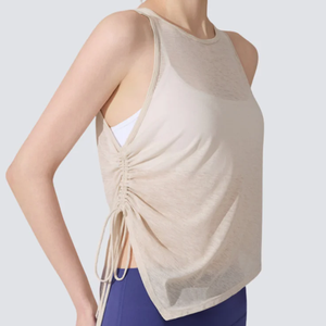 Custom Lightweight Breathable Crew Neck Irregular <b>Asymmetric</b> <b>Hem</b> Side Adjustable Drawstring Women Tank <b>Top</b> for Sports - Product Image 4
