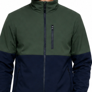 Chaqueta Softshell para Hombre en Bloques de Color Verde Bosque y Azul Marino, Cuello Alto, Bolsillo con Cremallera en el Pecho, Ropa para Exteriores, Alta Demanda - Product Image 3