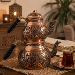 Traditional Turkish Copper <b>Tea</b> Kettle <b>Set</b> Handmade Enamel Copper Teapot Samovar Wooden Handle Hotel Restaurant Wholesale OEM - Product Image 3