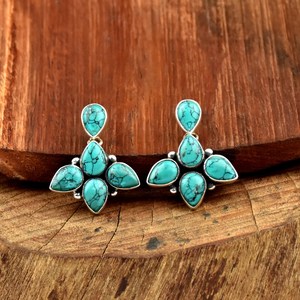 Pendientes Colgantes Hechos a Mano de Plata de Ley 925 con Turquesa, Diseño de Flor con Racimo de Piedras Múltiples en Forma de Lágrima, Venta al por Mayor, Estilo Suroeste - Product Image 5