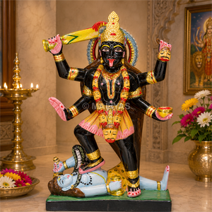 Estatua de Kali Maa de Mármol con Cuatro Brazos - 12 Pulgadas, Espada y Guirnalda Simbólica |   Hecho a mano por MALIYAS Jaipur - Product Image 1