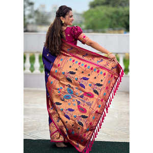 ผ้าไหมพิมพ์ลายวิลเลต์ ชานด์รากอร์ สวอน เยโอลา ไพธานี  ทอประดับด้วยดิ้นทองและลายตัดสี - Product Image 4