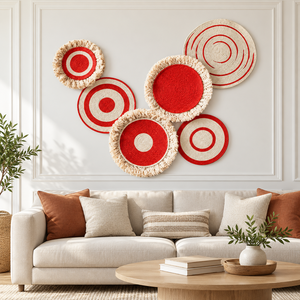 Ensemble de 6 tentures murales rondes modernes en ficelle de lin tissée à la main, motif cercles concentriques rouge et beige, lavables, décoration intérieure pour cuisine - Product Image 4